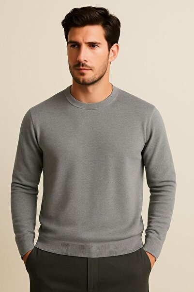 Katia&Bony Men's Premium Crew Neck Soft Textured Knit Sweater Gray