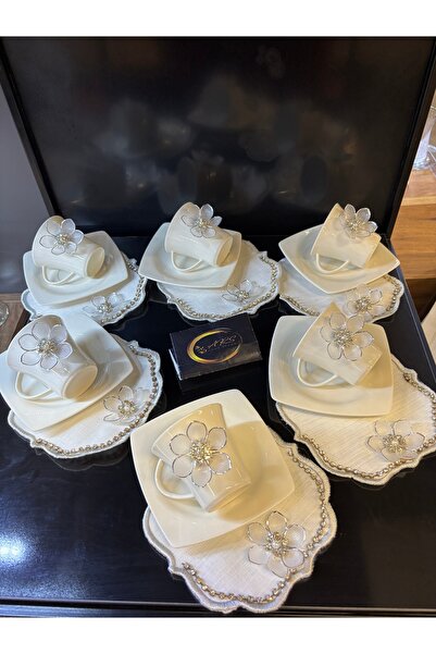 ARS HOME DEKOR Taşlı 6 Kişilik Porselen Fincan Takımı ve 6'lı Taşlı Kokteyl P...