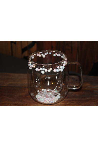 TELEMARKET Çift Çidarlı Borosilikat Boncuk Figürlü Cam Kupa Bardak 350 ML