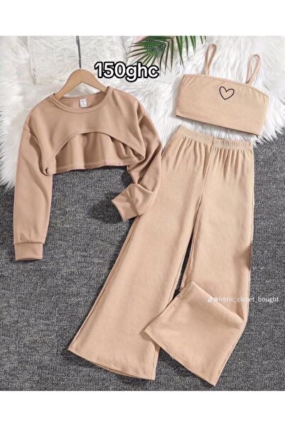 buendiakids Kız Çocuk Bej Minimal Kalp Baskılı Crop Kapşonlu-T-Shirt-Bol Eşof...