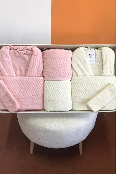 Çeyiz Diyarı Zebra 8 Piece Family Bathrobe Set Pink - Cream