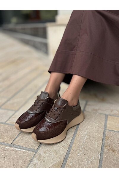 BABLACK Kroko Detaylı %100 Hakiki Deri Kadın Spor Acı Kahve