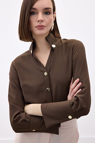 Sateen Snap Detailed Shirt - Brown