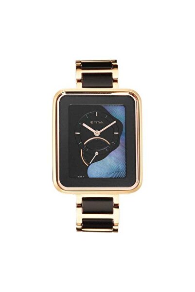 Titan ساعة واندر النسائية 2676WD01 - مينا أسود من عرق اللؤلؤ، سوار معدني ذهبي وردي، حركة كوارتز