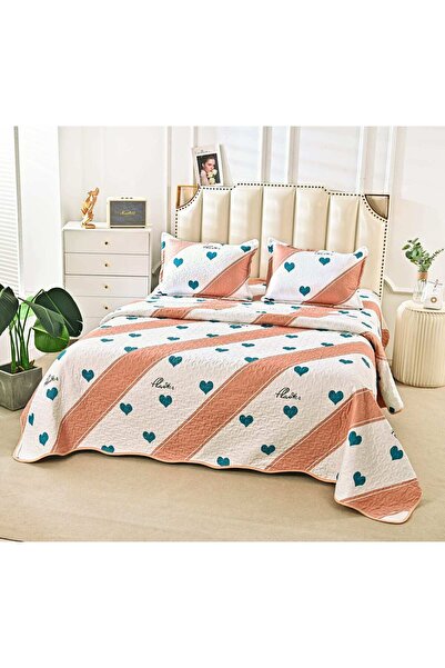 trendyhome Double Bed Coverlet, 3 Pieces, Hearts, Cream/Brown, P 23789