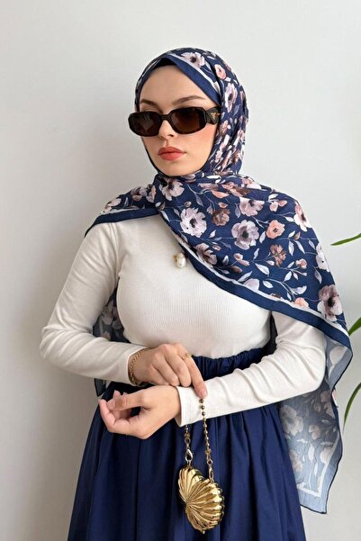 poplin LACİVERT KÜÇÜK ÇİÇEK DESENLİ BAMBU ŞAL