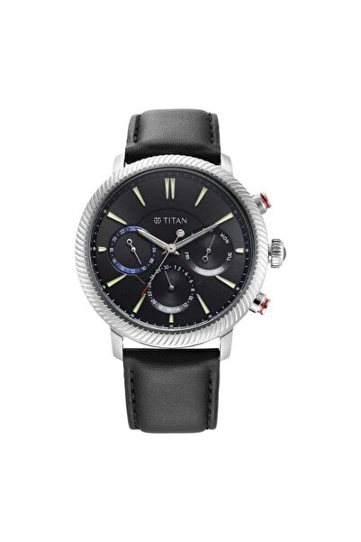 Titan ساعة ستيلار الرجالية الجلدية 10012SL01 - سوار أسود كلاسيكي، علبة فضية ا...