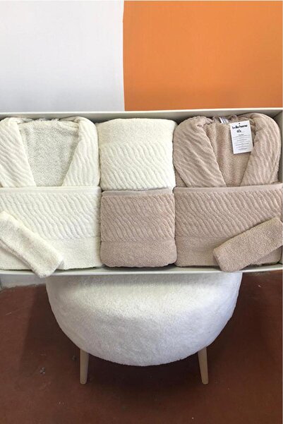 Çeyiz Diyarı طقم روب حمام عائلي من زيبرا مكون من 8 قطع - كريمي - بيج