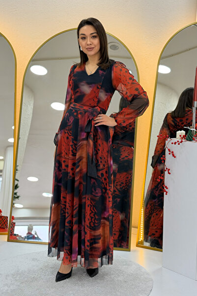 thezkscom Kadın V Yaka Kuşaklı Batik Desen Tül Midi Boy Büyük Beden Elbise Be...