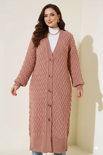 benguen Knitted Patterned Long Knitwear Cardigan R4201 Rose