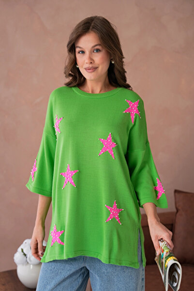 Park Karon Women's Crew Neck Star Patterned Pearl Embroidered Ov Oversized Riko Sweater 12064