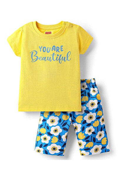 Babyhug Cotton Knit Half Sleeves Capri Night Suit With Floral Print - Yellow & Blue