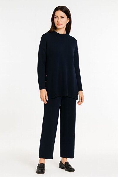 Kayra D Ik Collar Side Buttoned Knitwear Set Navy Blue