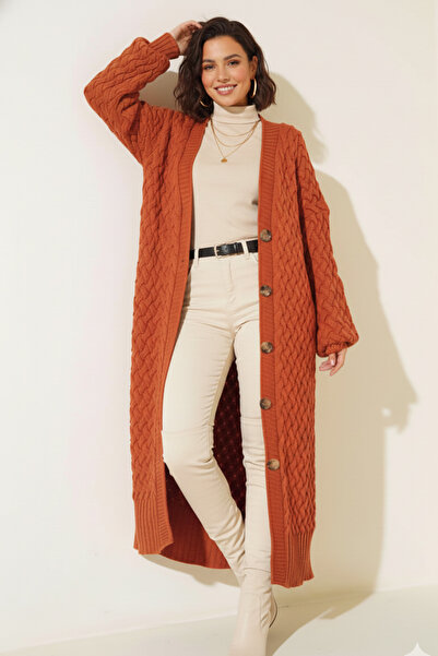 benguen Knitted Patterned Long Knitwear Cardigan R4201 Tile