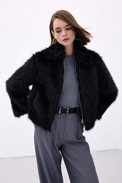 Sateen Black Plush Lined Coat Modern Fur