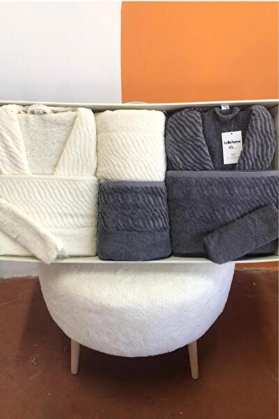 Çeyiz Diyarı Zebra 8 Piece Family Bathrobe Set Cream - Anthracite