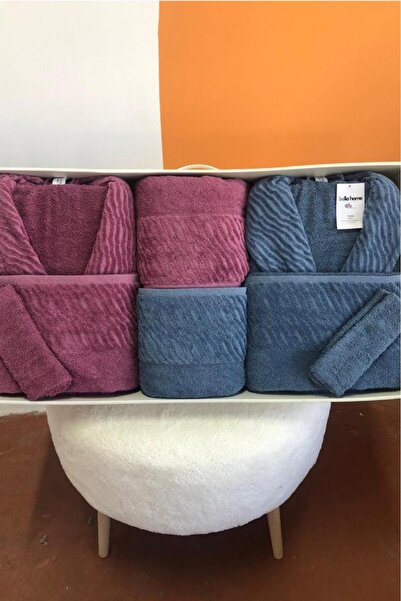 Çeyiz Diyarı Zebra 8 Piece Family Bathrobe Set Plum - Indigo