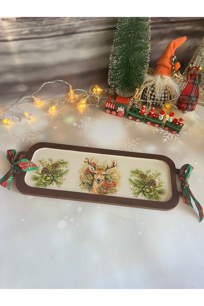 Bypinaryuksel Deer Patterned New Year Mini Wooden Tray