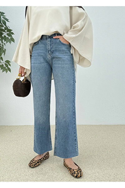 MODA AKSA (725 )Zara Model Ultra Yüksek Belli Kesik Düz Paça Jeans ARA MAVİ