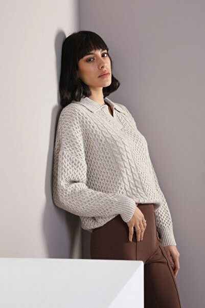 Ferraro A.Beige Long Sleeve Shirt Collar Woolen Hair Knitting Patterned Women's Knitwear Sweater