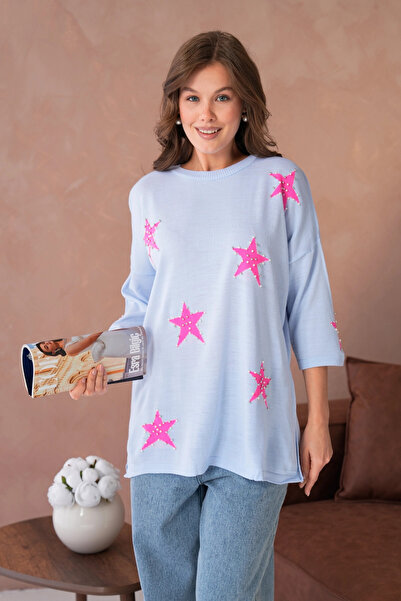 Park Karon Women's Crew Neck Star Patterned Pearl Embroidered Ov Oversized Riko Sweater 12064