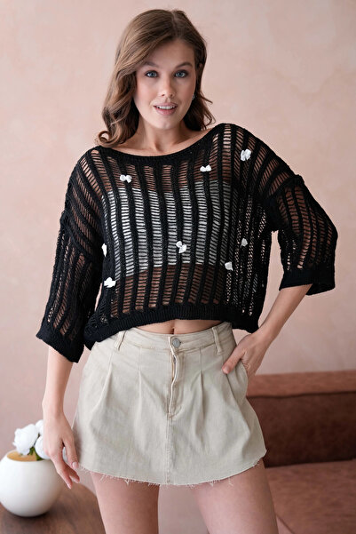 Park Karon Women's Boat Neck Knit Detail Lace-Like Knit Knitwear Sweater 8277Sw