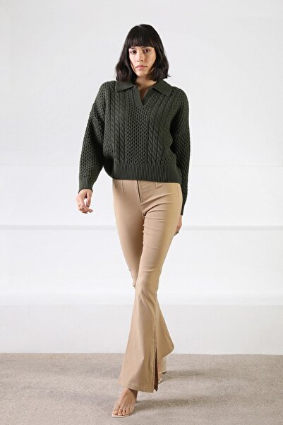 Ferraro Khaki Long Sleeve Shirt Collar Woolen Hair Knitting Pattern Women's Knitwear Sweater