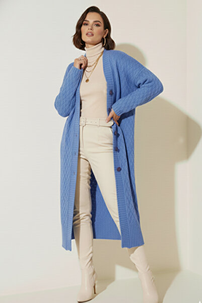 benguen Knitted Patterned Long Knitwear Cardigan R4201 Blue