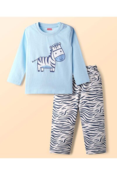 Babyhug Knit Full Sleeves Night Suit With Zebra Print - Light Blue