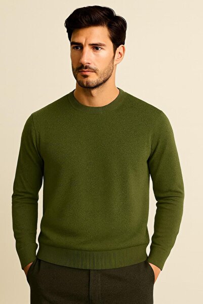 Katia&Bony Men's Premium Crew Neck Soft Textured Knit Sweater Khaki
