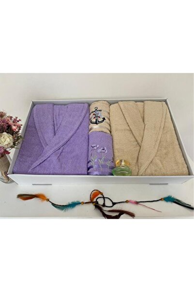 Çeyiz Diyarı Dowry Family Bathrobe Set 4 Pieces Lilac - Beige