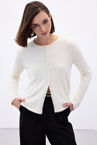 Sateen Buttoned Bearded Cardigan - Ecru