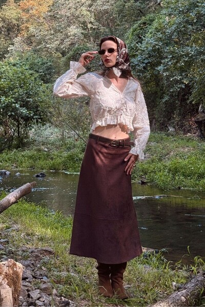 cemo Yüksek Bel A Kesim Midi Süet Dokulu Siyah Etek