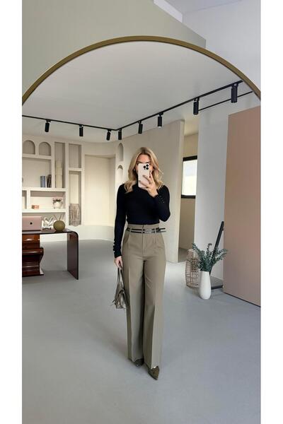 Sezgi Tekin Double Belted Double Crepe Khaki Palazzo Pants