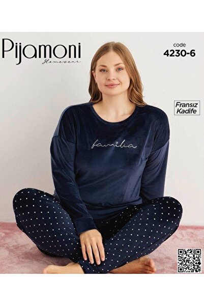 Pijamoni 4230 طقم بيجامة مخملية منقطة كبيرة الحجم بأربطة عند الأرجل