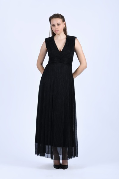 la luce Siyah Işıltılı V Yaka Maxi Elbise - LE645