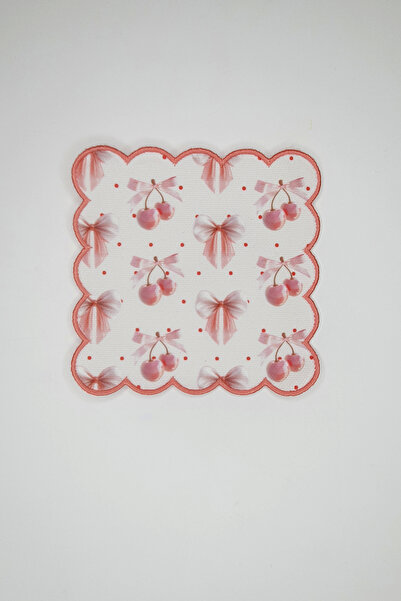 decofav Pink Bow and Cherry Patterned Salmon Embroidered Cocktail Napkin 1 Piece