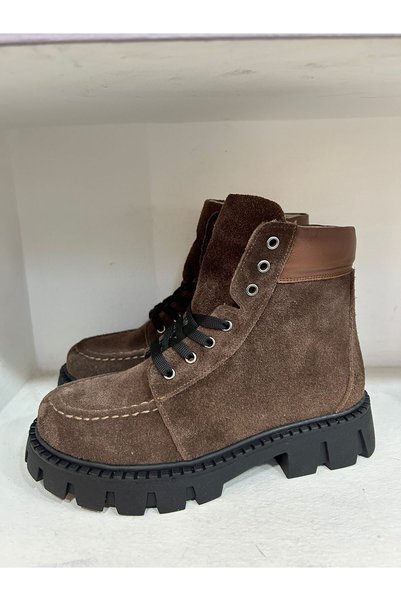Bağcı Children's Genuine Suede Leather Boots Coffee