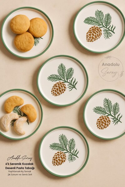 Anadolu Saray 6-Piece Ceramic Cone Patterned Cake Plate - Winter-Themed Stylish Presentation and Serving Set with Green Edging