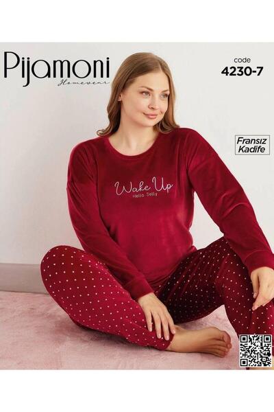 Pijamoni 4230 Polka Dot Oversized Plus Size Velvet Pajama Set with Leg Bands