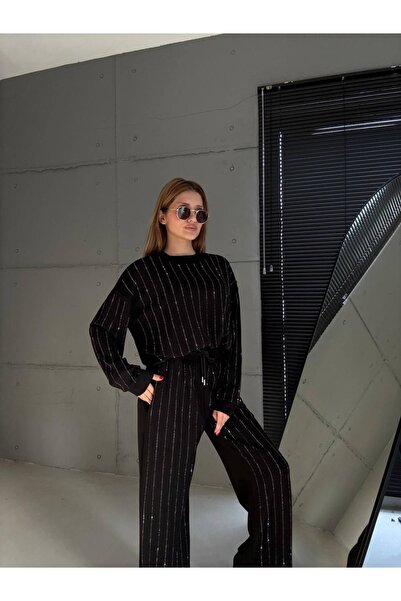 cemo Siyah İnce Çizgili Taş Detaylı Uzun Kollu Eşofman/Sweat Takımı