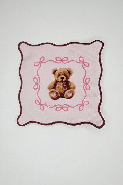 decofav Pembe Ayıcık ve Fiyonk Temalı Bordo Nakış Kenar Koktey Peçetesi 1 Adet