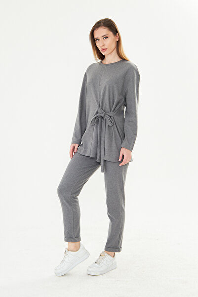 ESPİNA Yumoş Quality Fabric Top Crew Neck Side Tie 2-Piece Set