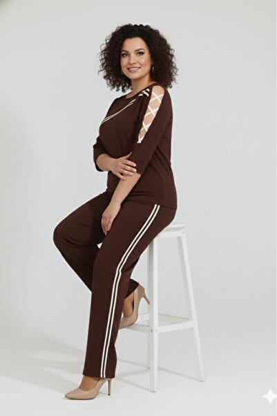 sinemisxxl Single Sleeve Biritli Brown Stretch Fabric Plus Size Suit