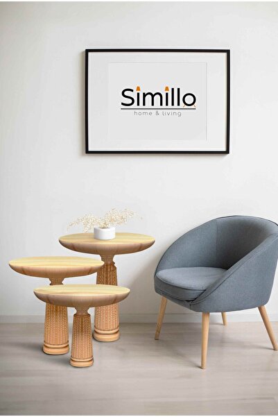 Simillo Home&Living Ahşap Mantar Sehpa 3’lü Naturel Renk Masif Zigon ve Fiskos