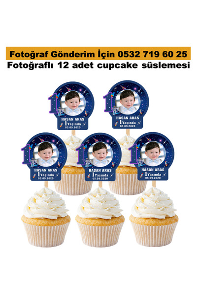 Elara Tasarım Fotoğraflı Uzay temalı cupcake pasta süsü Kürdan Süsler 12 Adet