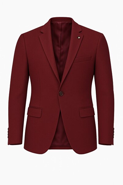 Plus Scorpion Bordo Erkek Tek Düğmeli Blazer Ceket – Dokulu Kumaş, Çift Yırtmaçlı Şık Tasarım