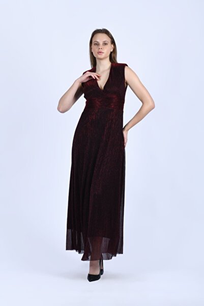 la luce Bordo Işıltılı V Yaka Maxi Elbise - LE645