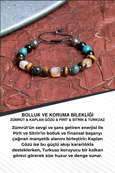 Saff Doğal Taş Abundance and Protection Bracelet Emerald & Tiger's Eye & Pyri...