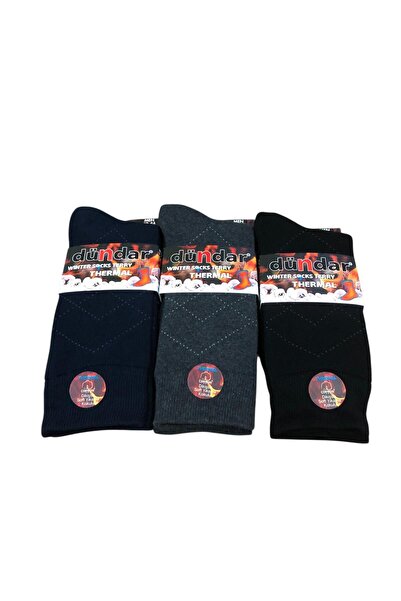 Dündar 3-Piece Men's Patterned Thermal Towel Winter Socks Stitch-Free Socks Size 40 - 44 No
